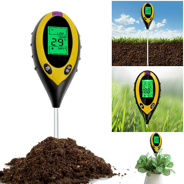 Engros 3/4-i-1 Jord PH Meter Tester LCD Digital Fugtmåler Skærm Jordtemperatur Sollys Intensitet Analyse Fugtighedsmonitor