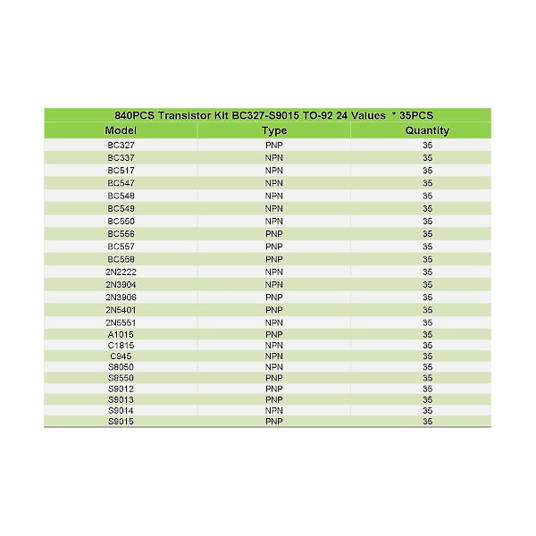 XJ-840 stk. To-92 Diode Transistor Sæt 24 Specifikationer Transistor Kit