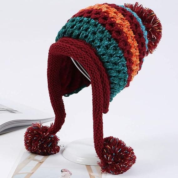 Dame Vinterstrikket Hue med Øreklapper og Pompon