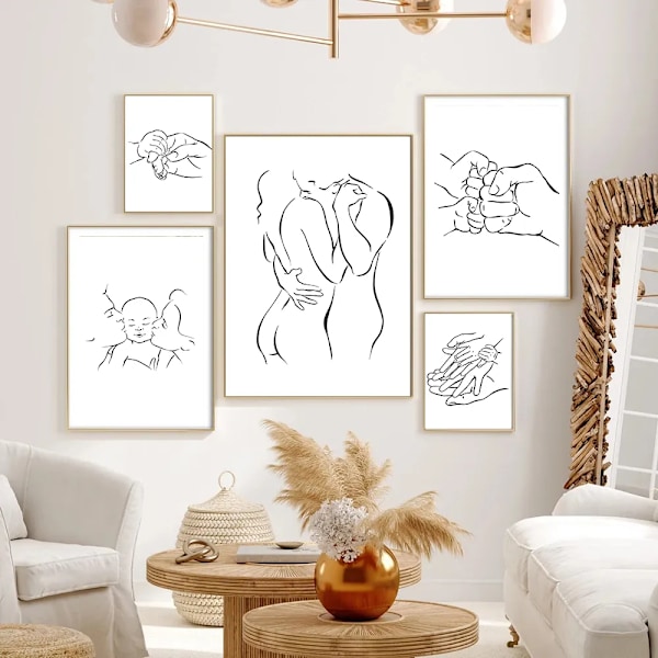 Familjeporträtt Mamma Pappa Bebis Konst Linjeteckning Affischer Abstrakt Minimalistisk Vägg Canvas Tryck Målning Par Kärleksbilder Dec