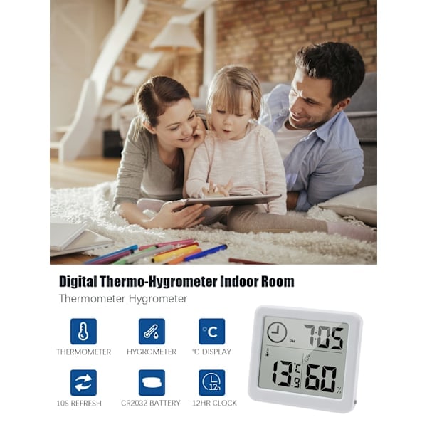 Digital Termo-Hygrometer 3.2” Stor LCD-skærm Termometer med Temperatur- og Fugtighedsmåler med Ur (Batteri Inkluderet) (Hvid)