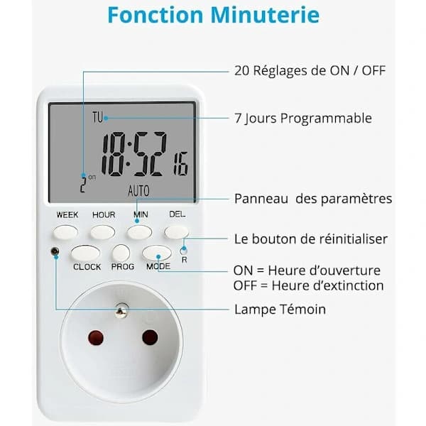 Digital Programmerbar Stikkontakt, Ukentlig Timer for Stikkontakt med 20 Programmer, 24H Timerstikkontakt med LCD-Skjerm Energisparing for Hjemmet