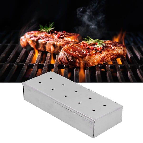 XJ-BBQ Røgboks, Grillboks, Røgboks med 10 huller i rustfrit stål BBQ Træflis Røgboks Udendørs Grillværktøj