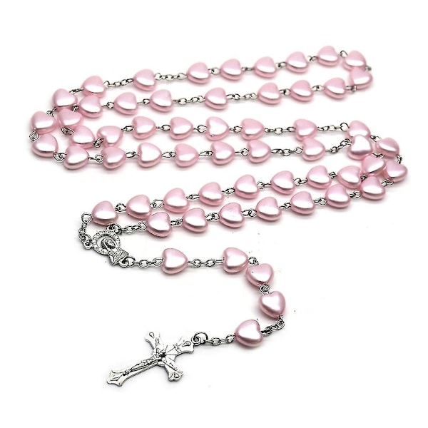 XJ-Halsband med hjärtformade pärlor, katolsk rosenkrans, rosa halsband med hjärtformat kors