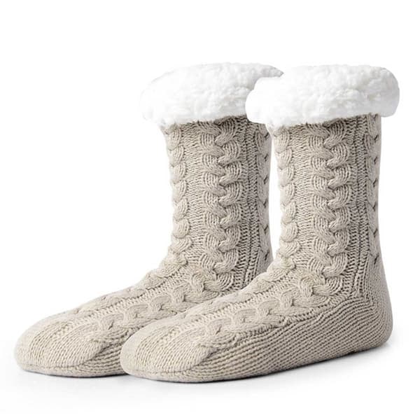 XJ-Luddiga Varma Stickade Sockor Tofflor med Halkskydd Beige