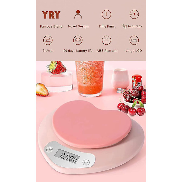Pink Kitchen Scale - Large LCD Display, Tare Function, 11 lbs (5 kg) Capacity