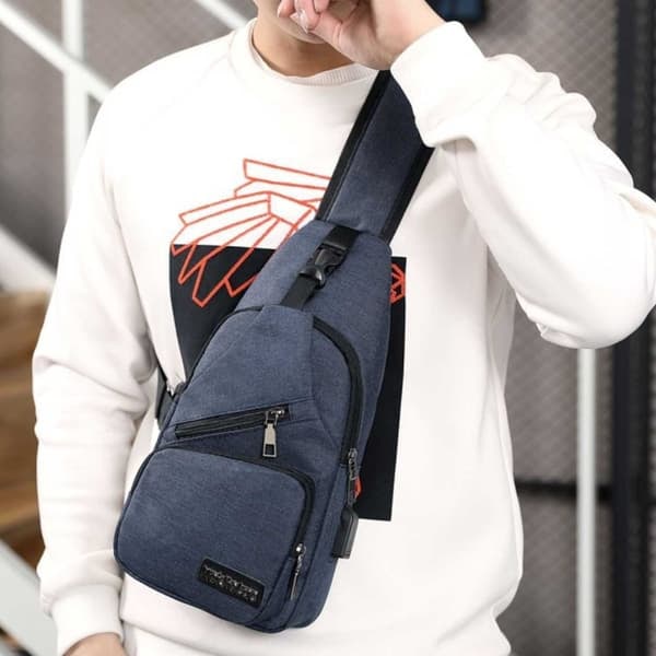 XJ-Blå Skuldertaske Herre – Crossbody Taske Med Powerbank Udtag