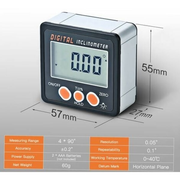 Digital Inklinometer, 0-360°, Magnetisk Bas