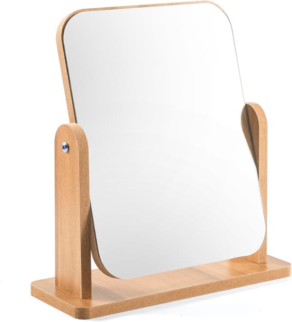 Wooden Dressing Table Mirror, 360° Rotatable Table Mirror, Square Mirror for Dressing Table, Desk, Bathroom, Bedroom