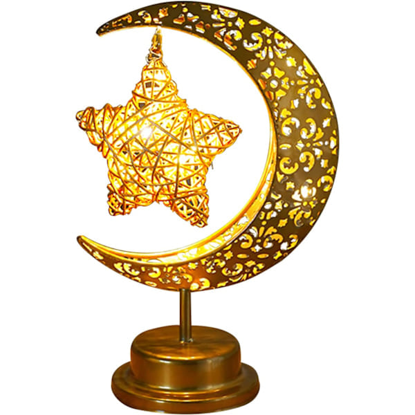 Ramadan bordlampe med halvmåne, blank metall, stjernelampe, månelampe, batteridrevet, dekorativ Eid-lampe, nattlampe, måneskinn for b Moon rattan star...