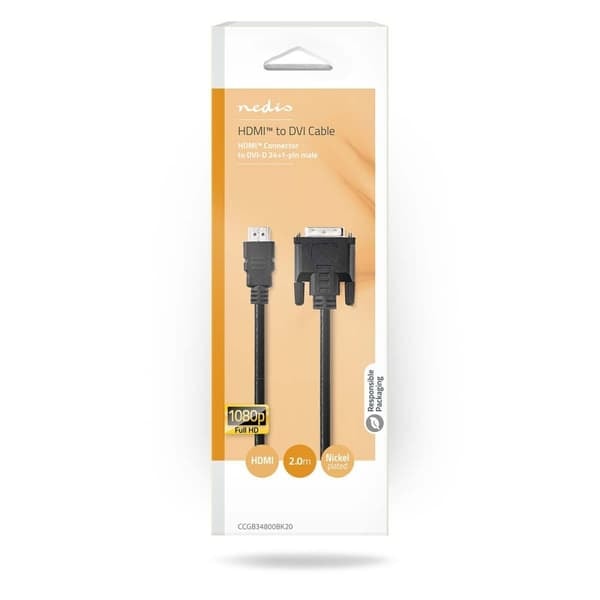 XJ-HDMI™ kabel | HDMI™ Kontakt | DVI-D 24+1-Pin Hane | 1080p | Nickelpläterad | 2.00 m | Rak | PVC | Svart | Låda