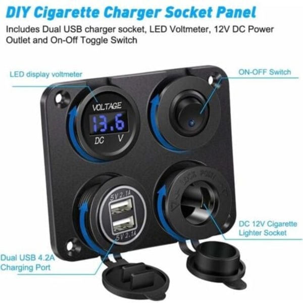 Sigarettenneruttak, dobbel USB-port 4.2A, DC 12V-uttak, bryter og LED voltmeterdisplay Vanntett billader strømuttak for bil