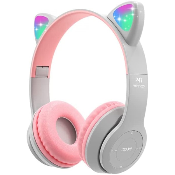 Trådlösa barnhörlurar, Bluetooth-hörlurar med mikrofon, kattöron LED-ljus, barnhörlurar, TF-kort/trådbundna hopfällbara hörlurar, flickor