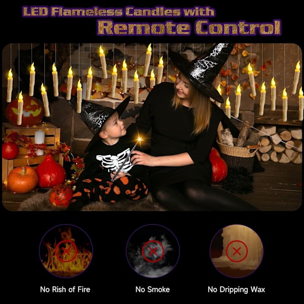 XJ-Halloweendekoration, 20 elfenbensfärgade flamlösa hängande ljus med fjärrkontroll