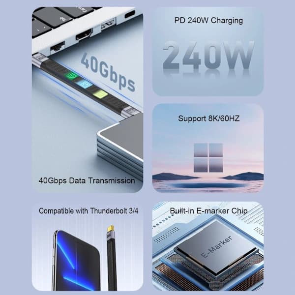 40 Gbps USB4.0-kabel USB C till typ C-sladd MF SIDE BEND MF SIDE M-F Side Bend