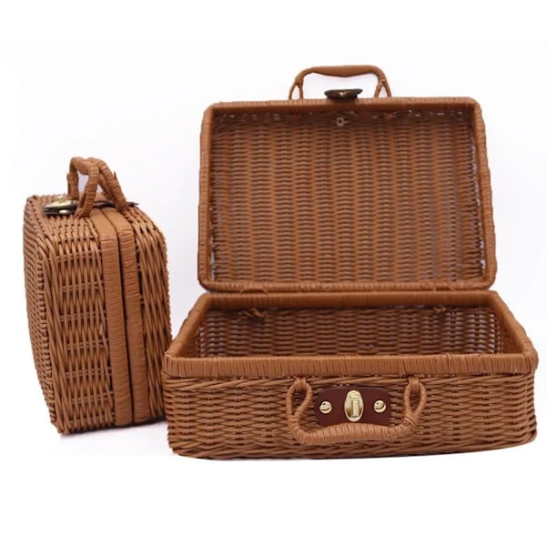 Vintage Rattan Vävda Förvaringslåda Sminkhållare Resväska Diverseorganisatör