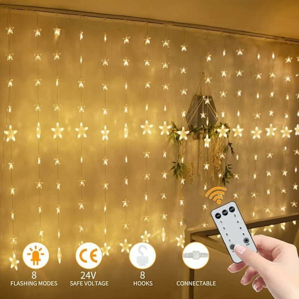 XJ-Speillys, 80 stjerner 144 LED 2mx1.5m Koblingsbar stjernegardin med 8 moduser Fjernkontroll Vinduslys Julbelysning for loft