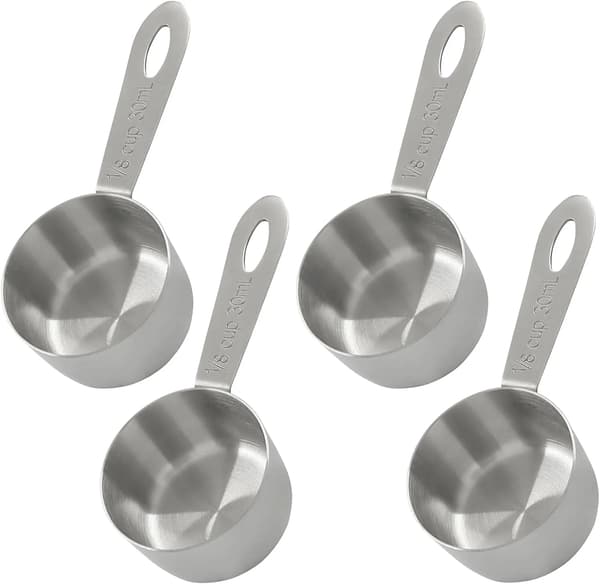 4 stk. Målekopper i rustfritt stål, 1/8 kopp 30 ml kaffeskje for baking, krydder og pulver, sølv