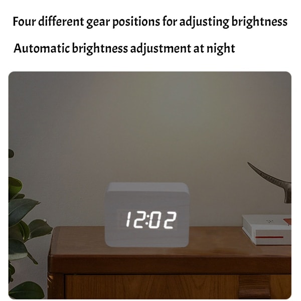 Digital träväckarklocka med justerbar ljusstyrka, röststyrning, LED-display, rektangulär form, tid, temperatur, heminredning