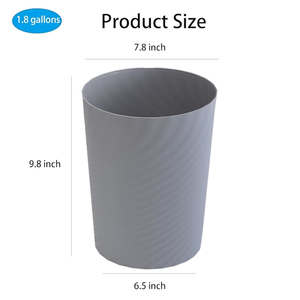 Plast liten papperskorg, sopkorg för badrum, tvättstuga, kök, kontor, barnrum, sovrum, (grå, 1,8 gallon)