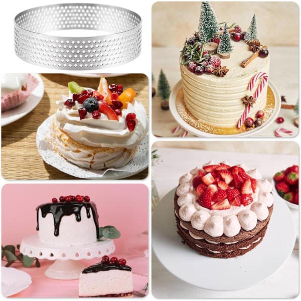 Sæt med 6 tærteringe i rustfrit stål, 8 cm, tærtering, tærteforme, perforeret bageform