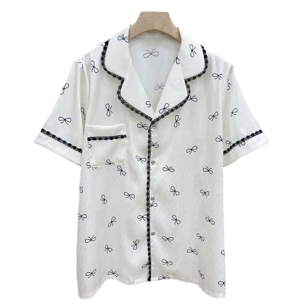 Dame Pyjamassæt Forår Sommer 2 Dele Sløjfe Print Pyjamas Faux Silke Satin Nattøj Kortærmet Pijama Mujer Pjs Homewear