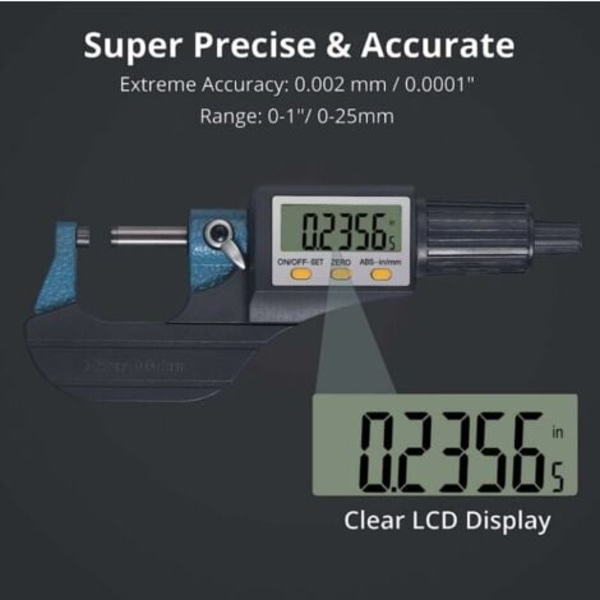 0-25mm LCD Elektronisk Digital Mikrometer Standard Utvändig Palmer Digital Mikrometer Metrisk/Tum 0.001mm Upplösning 0.002mm Noggrannhet Automatisk Avstängning ABS