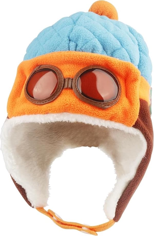 Varm vintermössa för barn, fleece-flygarmössa med glasögonstil, för 6 månader - 4 år, blå orange