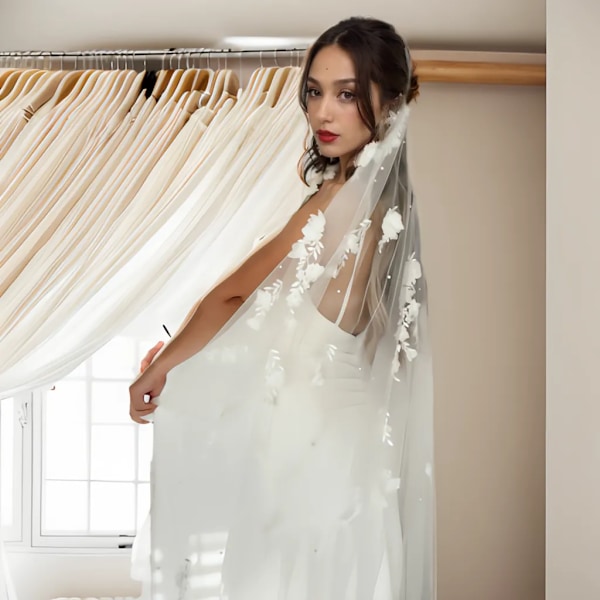 Elegant Brudslöja med 3D-Blommor 1 Meter Kort Veu Bröllopsklänningar Tillbehör med Organzablomma Voile V52
