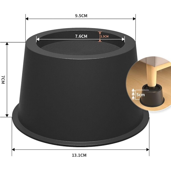 XJ-Sängynkorottajat, Huonekalujen korottajat, Huonekalujen jalat, Lisää 5 cm korkeutta, Lattiasuoja (4 kpl, Musta)