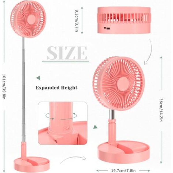Foldbar Bordventilator, USB Genopladelig Bærbar Udtrækkelig Ventilator, 4 Hastighedsindstillinger, 7200mAh Støjsvag Bordventilator (Pink)