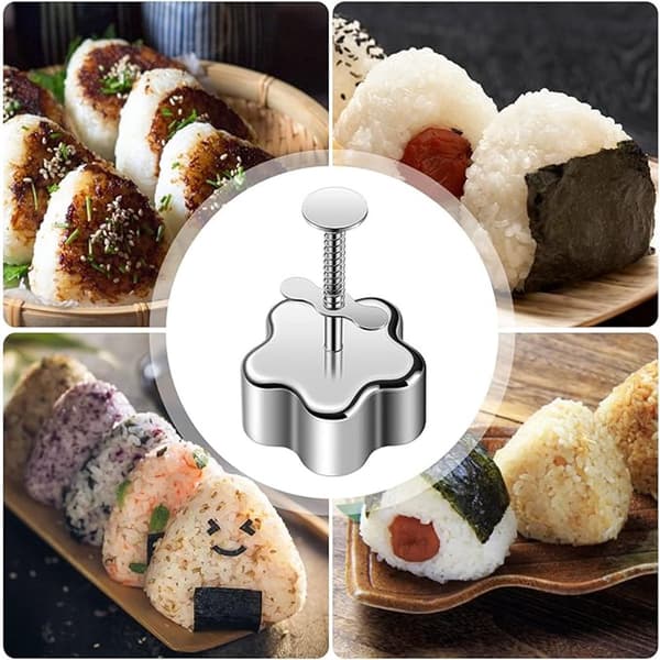 Onigiri Maker Rustfrit Stål Non-Stick Genanvendelig Blomst Risboldform til Børnefrokost Bento Sushi, Sølv 10,5 x 7,2 x 3,5 cm