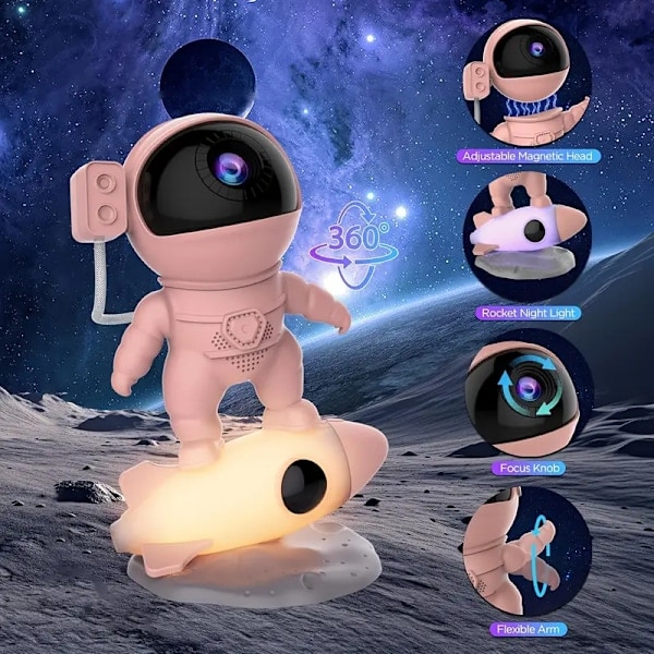 Galaxy Rocket Astronaut Projeksjonslampe med 12+1 Utskiftbare Filmer, 360° Roterende Linse - Perfekt for Stue, Soverom, Spilleområde - USB