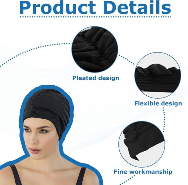 Oversized badehat til kvinder, svømmehætte i nylon til langt hår, plisseret design beskytter fletninger og krøller, One Size, sort