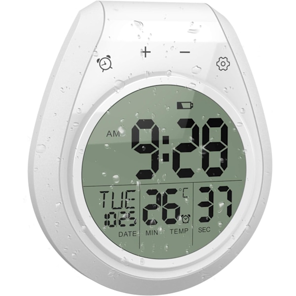 XJ-Digital Dusjklokke Vanntett, Baderom Timer Klokke, Digital Kjøkken Veggklokke, Stor LCD-skjerm, 12/24 Timers Format, Innetemperatur