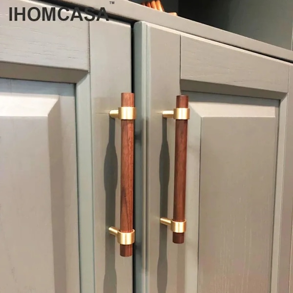 IHOMCASA Nordisk Stil Messing Sort Valnød Møbelhåndtag Trægreb Skab Garderobe Kommode Skoskuffe Skabsknapper