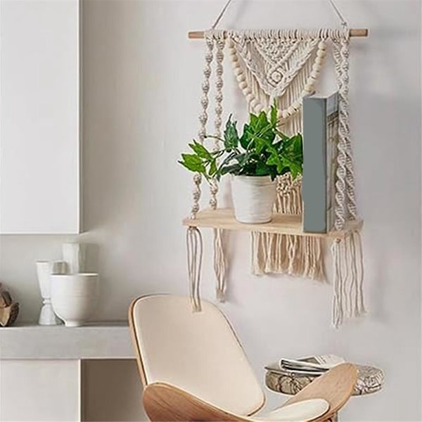 XJ-Makrame Vegghylle Veggdekorasjon For Soverom Vevd Tau Makrame Veggkunst Som Boho Baderomshylle