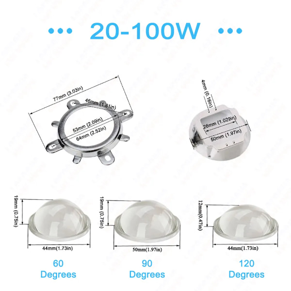 60 90 120 Grader LED Linse Optisk Glas 44mm 50mm 57mm + Reflektor Kollimator + Fast Beslag Til 10W 20W 30W 50W 100W COB Chip