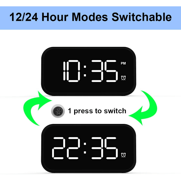 XJ-LED Digital Väggklocka Sängbordsklocka med Sladd, 5 LED Digital Display Snooze Väggklocka, 12/24 Timmar, 6 Ljusstyrkenivåer, Snooze-funktion, Vit