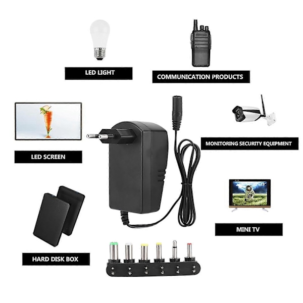 XJ-Universal 30W 3V-12V Justerbar Spændingsstrømadapter Med 6 Stik (EU-stik 100-240V)