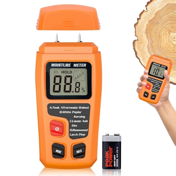 Puunkosteusmittari, polttopuun kosteusmittari taustavalaistulla LCD-näytöllä, 4 mittaustilaa, vuodonilmaisin seinille, asuntovaunuille ja hirrelle.