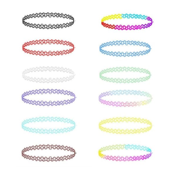 XJ-12-pack Trendiga Färgglada Choker Halsband Stretch Spets Lace