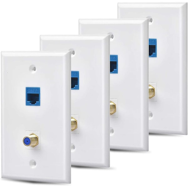 XJ-4 Pack Ethernet Coax Vägguttag Med 1 Cat6 Port Och 1 Guldpläterad Coax F Typ Port Rj45 Wa