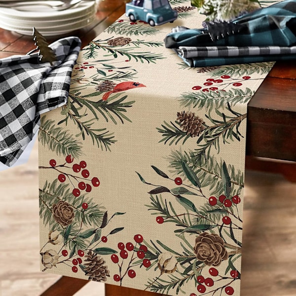 XJ-33×183×1cm Bordløber med Vinterfyrrenåle, Kogler, Kardinaler, Røde Bær, Bondegårdskøkken Spisebord