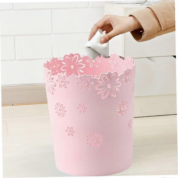 Round Plastic Waste Bin, Hollow, Lace, for Office. (1-pack Pink)