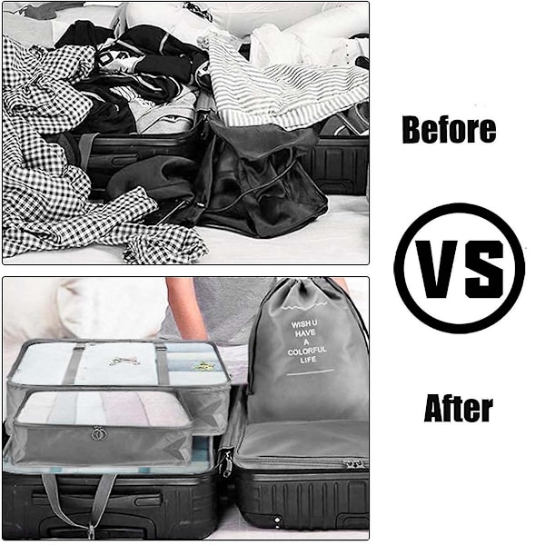 XJ-7-delars packningsset för kläder, kubformade, multifunktionella, resväskeorganisatörer, resväskearrangörer, semesterresa, kubformade, grå