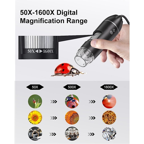 XJ-Digital Mikroskopkamera, Handhållet USB 1440p HD Inspektionskamera 50x-1600x Förstoring Portabel