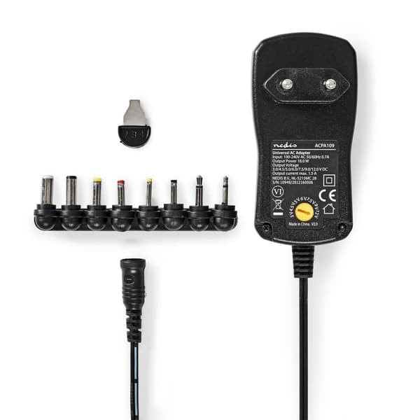 XJ-Yleisvirtalähde | 18 W | 3 - 12 V DC | 1,10 m | 1,5 A | 8 pistoketta | Musta