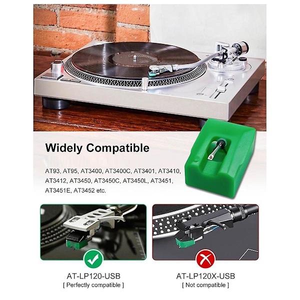 XJ-ATN95E Neula AT-LP120-USB AT93 AT95 levysoittimelle, timanttineula levysoittimelle, vihreä