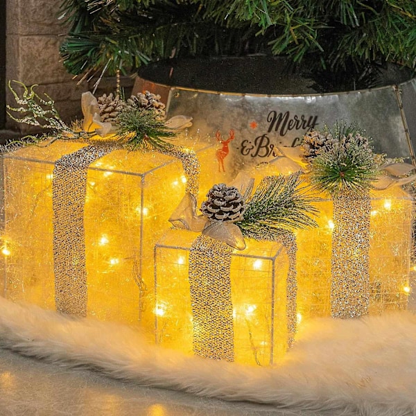 XJ Set med 3 julbelysta presentaskar, försedda med 60 LED-lampor, presentaskar med ornament för utomhusbruk, varmvit [HK]